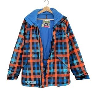 Burton Boys Amped Jacket Hooded DryRide Snowboard Ski Orange Blue Check Plaid XL